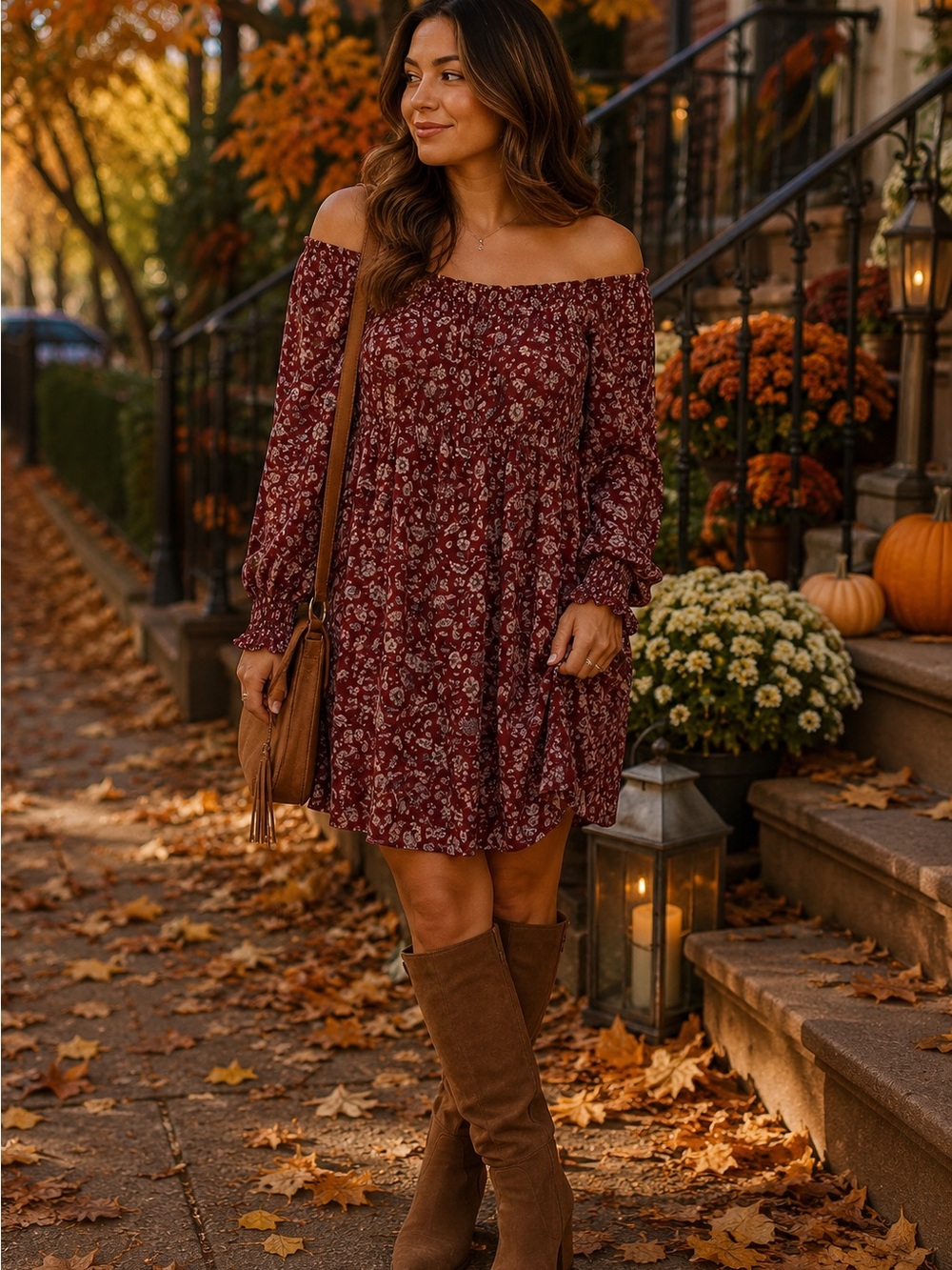 sahalie Burgundy Floral Off-Shoulder Long Sleeve Dress BOHO,